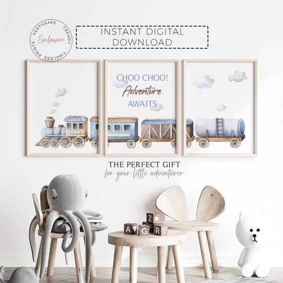 Train Nursery Prints | Adventure Awaits Print | Watercolour Train Boy Room Wall Art | Transport Vehicles |Toddler Boy Gift |Digital Download