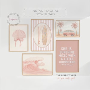 Pink Surf Wandkunst 5er Set | Mädchenzimmer Surf-Thema | Rosa Surfbrett Printable | Surfen Kinderzimmer Boho Beachy Zimmer Dekor | Muschel-Babyparty