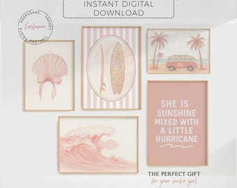 Pink Surf Nursery Gallery Wall Art: Girl Seashell Surfboards Beach Prints Set - Digital Download