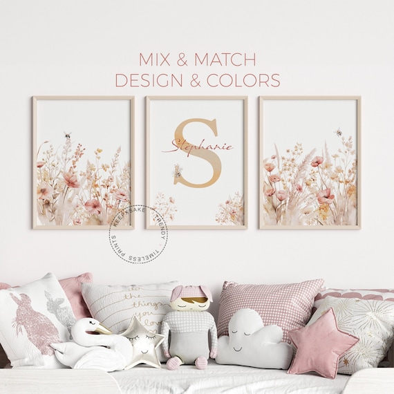 Boho Wildflowers Nursery Wall Art, Personalized |Bees Floral Nursery Art | Botanical Baby Girl Nursery |Toddler Girl Inspirational Quote Art