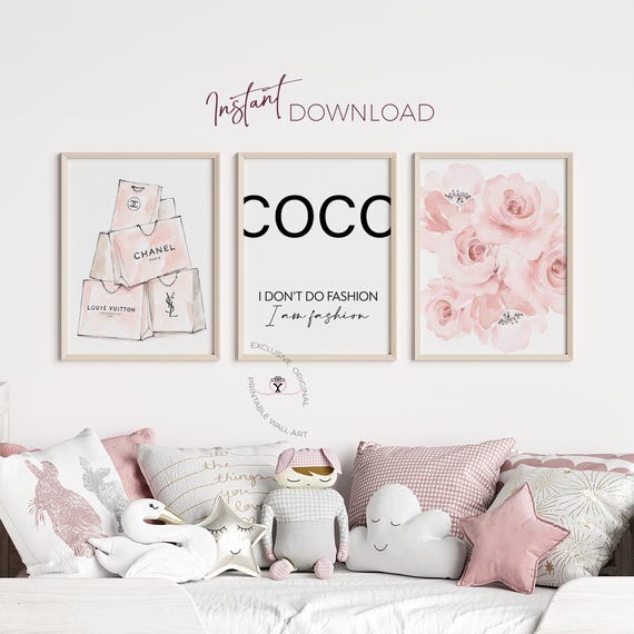 Fashion Wall Art Set of 3 for Girls and Teens| Pink Paris Inspired Floral Decor | Fashion Shopping Bags and Coco Quote Prints
