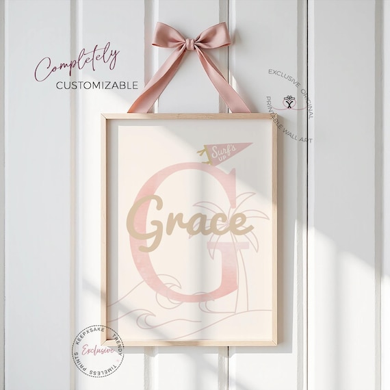 Surfer Girl Name Print, Custom Watercolor Initial Wall Art, Beach Nursery Decor, Coastal Kids Room Printable, Personalized Surf Nursery