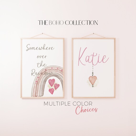 Rainbow Hearts Girl Bedroom Wall Prints | Personalised Boho Girl Print Set of 2 | Pink Watercolor Boho Baby Nursery, Girls Bedroo Prints
