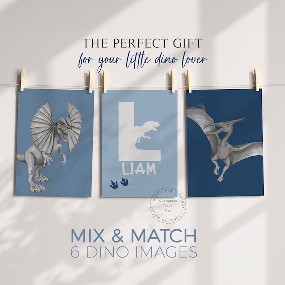 TRex Triceratops Dinosaur Prints | Boys Bedroom Personalized Wall Art | Blue Grey Wall Art| Toddler Room Dino Decor Printables | Dino Cave