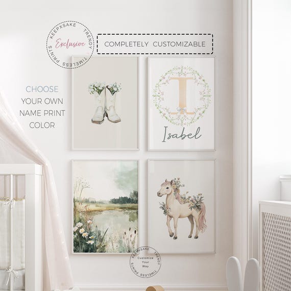 Cowgirl Floral Nursery Prints | Toddler Girl Horse Wall Art | Personalized Nursery |Baby Country Western Wall Art |Country Horse Boots Decor