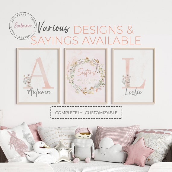 Sisters Bedroom Prints | Shared Bedroom Wall Art | Flowers Girls Room Personalized Decor | Twin Girls Name Print | Sister Bedroom Gift