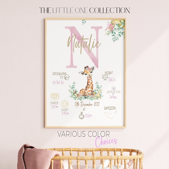 Safari Animal Birth Stats Print | New Baby Girl Gift | Birth Details Print | Birth Stats Custom Gift |Safari Nursery Decor |Christening Gift
