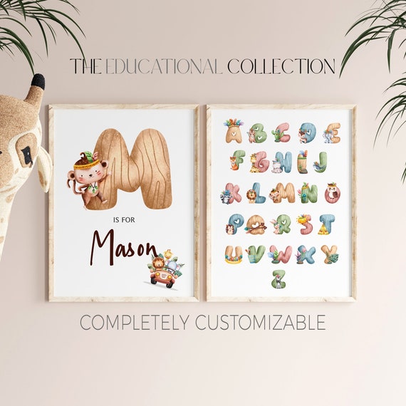 Alphabet Prints, Set of 2 | Educational Print | Children’s Wall Art | Safari Educational Print |Custom Playroom Wall Art | Kids Room Prints