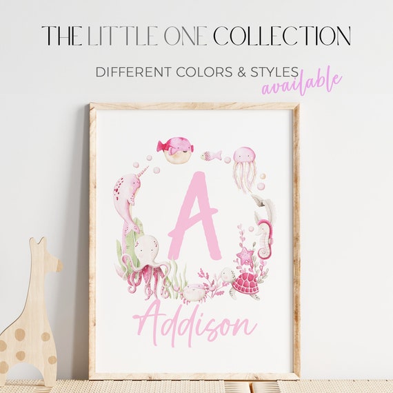 Sea Animals Nursery Print |Ocean Animal Kids Room Wall Art |Girl Pink Nursery Decor |Under the Sea Nursery Decor |Personalized Nursery Print