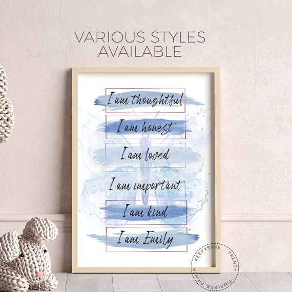 Girls Positive Affirmation Personalized Print | I Am Butterfly Wall Art | Girls Blue Butterfly Bedroom Print | Motivational Girls Wall Art