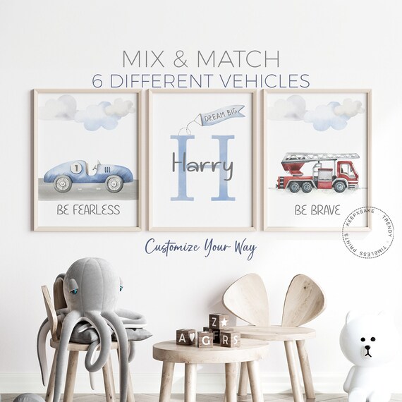 Vehicle Car Prints | Construction Wall Art | Toddler Boy Decor | Transportation Nursery Decor, Personalized | Fire Truck, Race Car Print