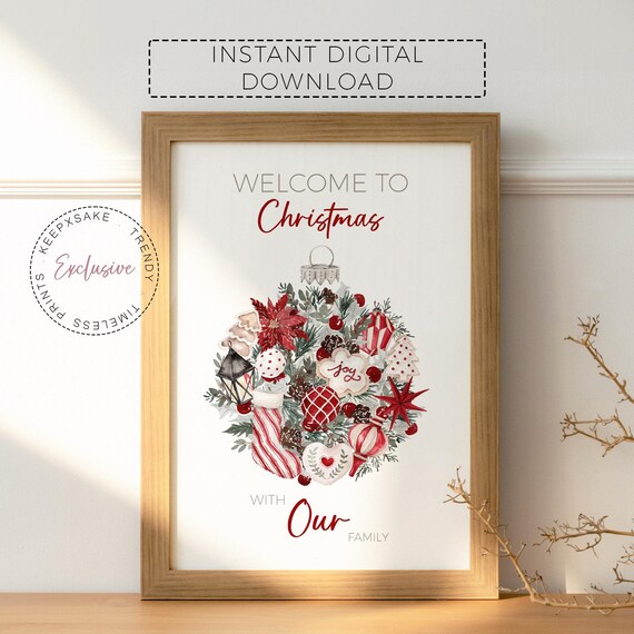 Christmas Ornament Family Print | Watercolor Merry Christmas Tree Sign | Our Family Christmas Printable Wall Art | Family Xmas Stocking Gift