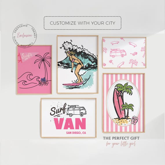 Trendy Coastal Art Surfer Girl Posters, Set of 5 | Surfer Girl Preppy Coastal Decor | Custom Surfs Up Pink Surfboard Printable Wall Art