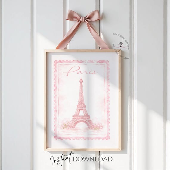 Paris Wall Art Print Pink Eiffel Tower Decor, Vintage Stamp Style Artwork, Girls Room Printable, Feminine Paris Decor