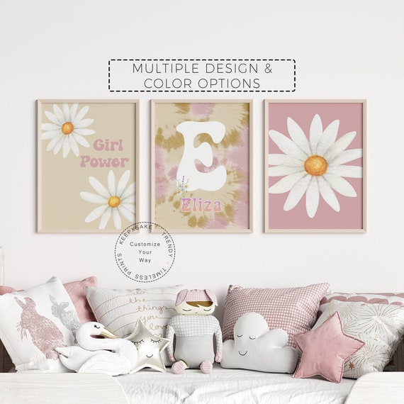 Daisy Print, Set of 3 | Daisy Wall Art | Baby Girl Nursery Print | Personalized Flower Print Daisy Printable Wall Art |Pink Girls Room Decor