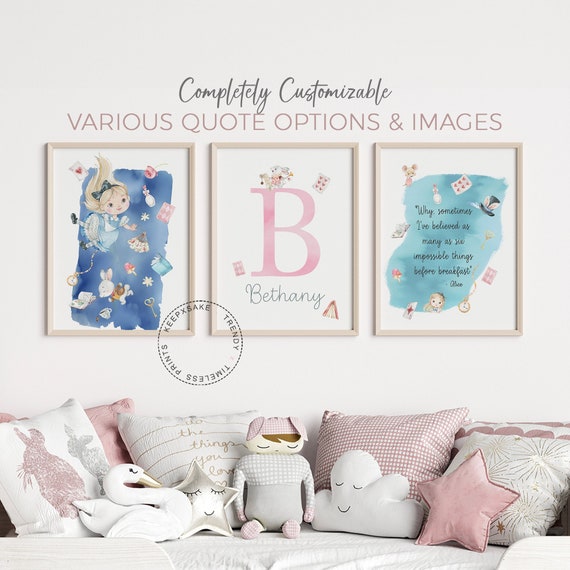 Alice in Wonderland Baby Girl Nursery Prints, Personalized | Cheshire Cat, Blue Caterpillar Quote Prints | Toddler Girl Room Fairytale Decor
