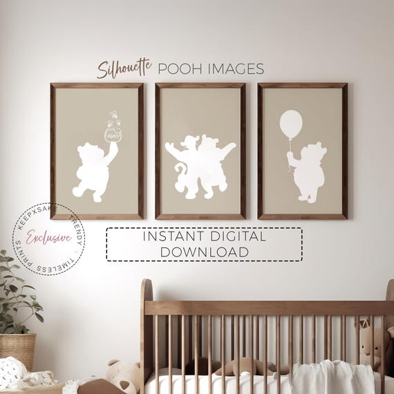Pooh & Tigger Silhouette Prints • Neutral Beige Nursery Wall Art Set of 3 • Minimalist Winnie Bear Printable Art for Kids Room Decor