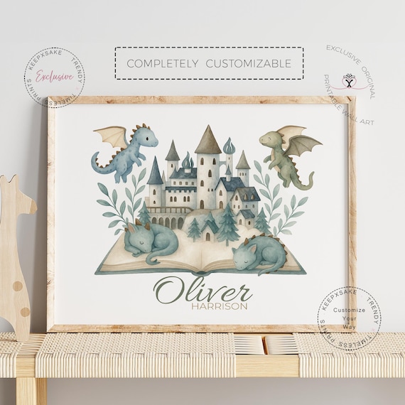 Castle and Dragon Wall Art, Custom Name Print — Boys Room Fantasy Decor in Neutral Sage Green and Blue