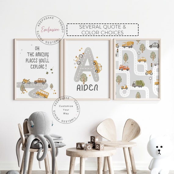 Personalized Transport Nursery Prints, Set of 3 | Toddler Boy Room Trucks Decor | Custom Name Printable Wall Art | Transport Vehicle Posters