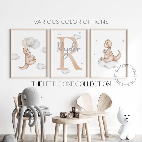 Set of 3 Dinosaur Prints | Dinosaur Nursery Decor, Personalized | Neutral Baby Boy Print |Grey Nursery Poster |New Baby Gift |Baby Boy Decor