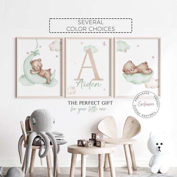 Lime Cream Teddy Bear Print | Baby Name Print | Bear Sleeping Moon Decor | Baby Boy Print | Sage Green Nursery Wall Art | Moon Stars Nursery