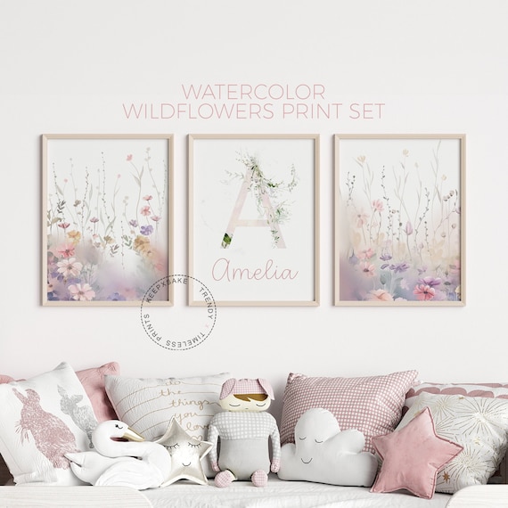 Wildflowers Prints, Set of 3 | Watercolour Flower Nursery Print | Girl Bedroom Flowers Wall Art, Personalized |Floral Baby Girl Nursery Wall