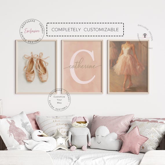 Vintage Ballerina Dress and Ballet Pointe Shoes Prints | Personalized Ballerina Printable Wall Art | Girly Preppy Room | Pastel Pink Decor