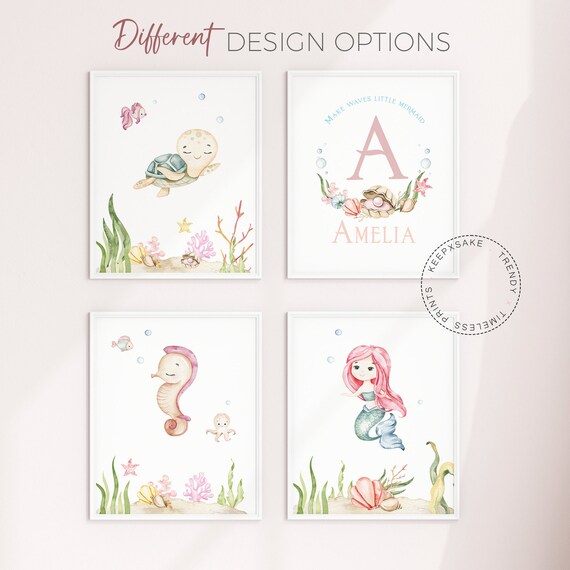Mermaid Nursery Wall Art | Baby Girl Mermaid Nursery Prints | Blush Pink Nursery Personalized Prints |Under The Sea Bedroom |Sea Horse Decor