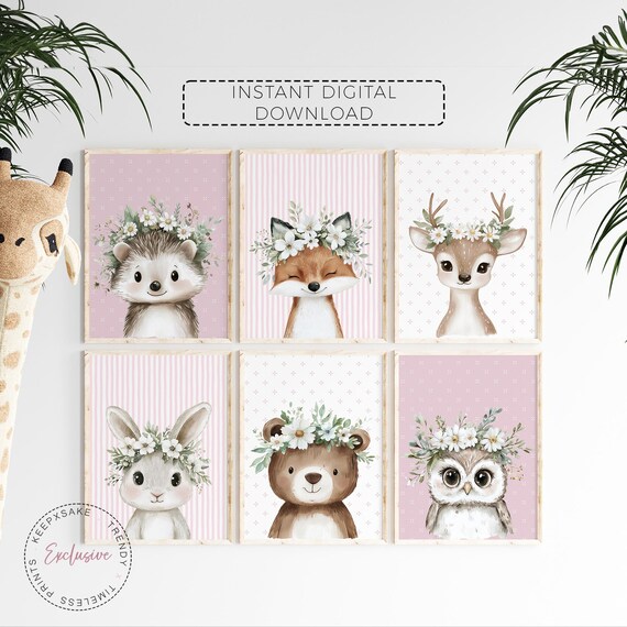 Woodland Nursery Prints Cottagecore Baby Animal Wall Art Set • Blush Floral Woodland Animals • Girl Nursery Decor • Digital Download