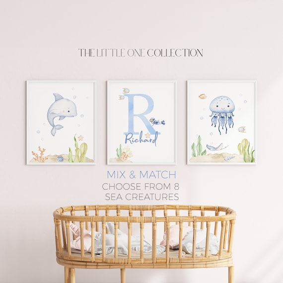 Under the Sea Nursery Prints | Sea Creature Prints, Set of 3 | Boy Nursery Prints Set | Personalized Ocean Prints | Sea Animal Wall Art