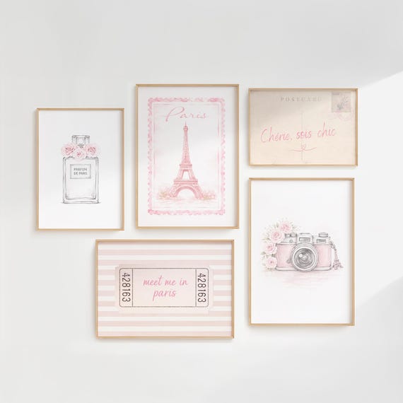 Paris Fashion Wall Art for Girls, Vintage Pink Eiffel Tower Prints, Parisian Bedroom Decor Set