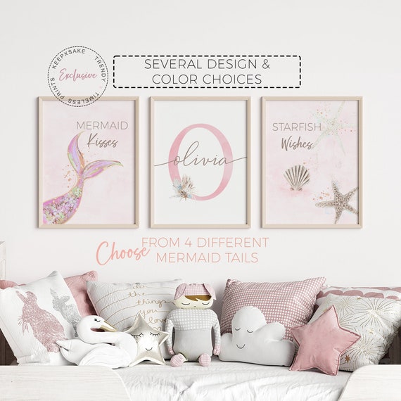 Mermaid Art Prints, Set of 3 | Mermaid Nursery Prints |Mermaid Tails Wall Art |Girls Room Decor |Printable Gift for Girls |Initial Name Sign