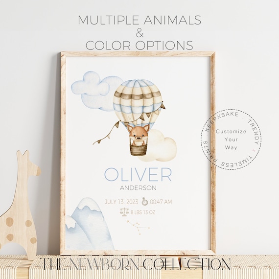 Birth Stats Woodland Animals Balloon Printable | Baby Boy Birth Stats Sign | Personalized Hot Air Balloon Clouds Birth Print | Newborn Gift