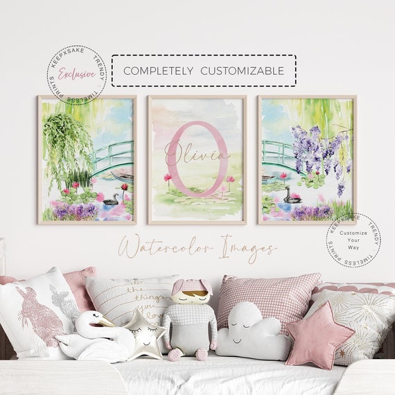 Water Lilies Baby Nursery Wall Art | Dusty Rose Lavender Girl Bedroom Decor | Swan Garden Personalized Prints | Flower Field Nursery Decor