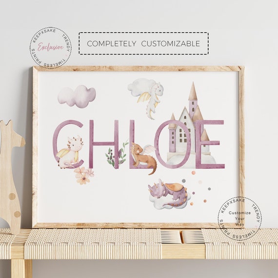 Pink Dragon Nursery Print, Personalized | Girl Baby Name Dragon Wall Art | Mythical Creatures Decor | Fairytale Name Sign |Baby Shower Gift