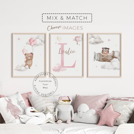 Girls Teddy Bear Nursery Decor | Bear Airplane Wall Art | Personalized Baby Girl Gift | Teddy Balloons Nursery Wall Art | Baby Girl Nursery