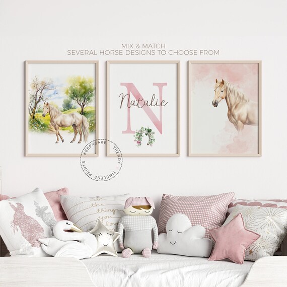 Personalized Horse Prints, Set of 3 | Horse Flowers Nursery Wall Art | Horse Bedroom Print | Horse Decor | Equine Stables Print | Girl Decor