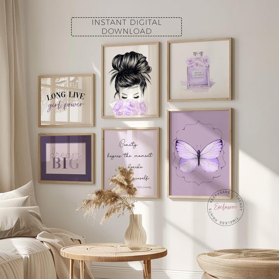 Teen Girl Fashion Gallery Wall Art Set | Glam Bedroom Fashion Prints | Perfume Lavender Roses Print |Purple Grey Decor |Long Live Girl Power