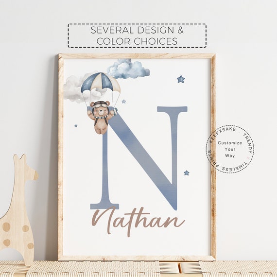 Custom Baby Boy Name Initial Print | Teddy Bear Airplane Print | Blue Brown Nursery Decor | Baby Boy Gift | Bear Balloon Cloud Nursery Print