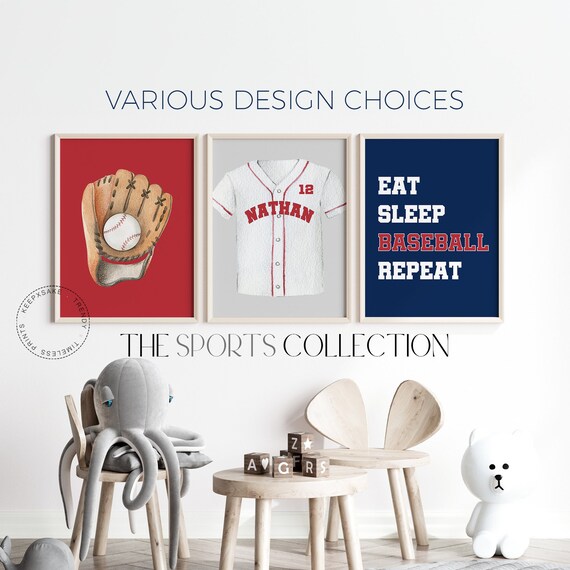 Personalized Baseball Wall Art Prints | Custom Baseball Prints | Kids Bedroom Baseball Decor |Shirt Name Print |Boys Navy Blue Bedroom Decor