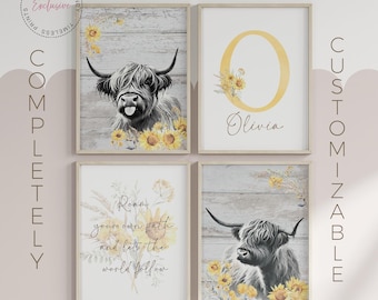 Personalized Highland Cow Sunflower Nursery Prints: Girl Bedroom Rustic Farmhouse Decor (Set of 4)