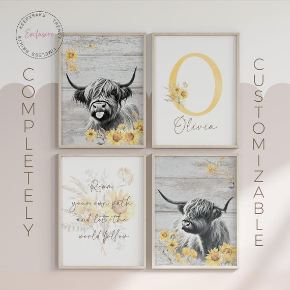 Highland Cows Sunflowers Girl Bedroom Prints | Custom Sunflower Nursery Decor | Quote Wall Art | Highland Cows Name Sign | Baby Girl Gift