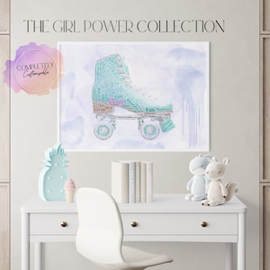 Impresión personalizada con nombre de patín retro / Arte con palabras de patines / Impresión para dormitorio de niña / Decoración para dormitorio de niña en turquesa y rosa / Impresión con nombre de niña