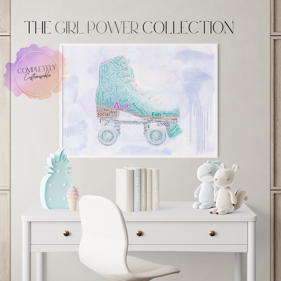 Personalized Retro Roller Skate Name Print | Roller Skates Word Art | Girls Bedroom Print |Turqoise Pink Girl Bedroom Decor |Girl Name Print