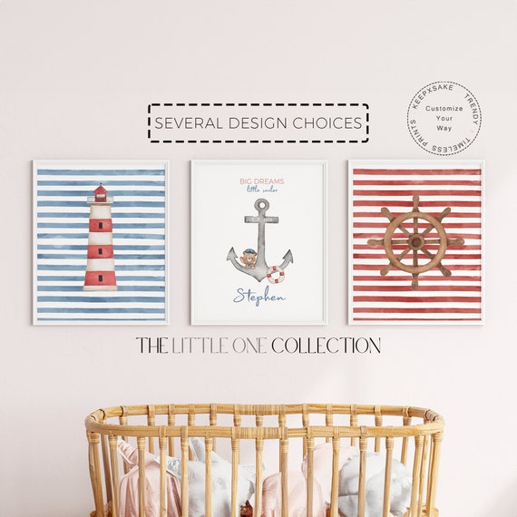 Teddy Bear Nautical Prints for Boys Room | Baby Boy Nursery Printable Wall Art |Personalized Nautical Posters |Navy Red Nautical Kids Prints