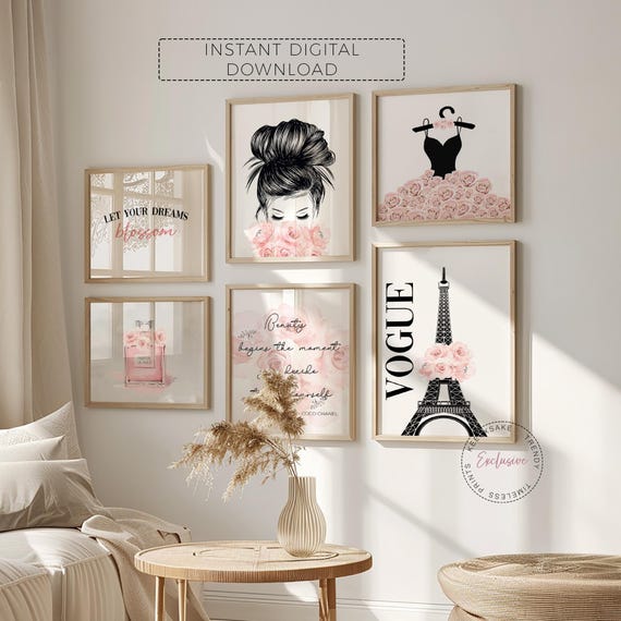 Teen Girl Fashion Gallery Wall Art Set | Glam Bedroom Fashion Prints | Perfume Roses Print | Blush Pink Grey Decor | Let Your Dreams Blossom