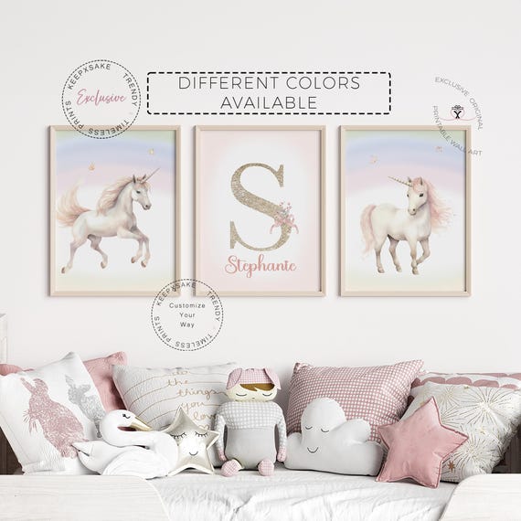 Personalized Rainbow Initial Print, Watercolor Unicorn Nursery Wall Art, Sparkle Letter Name Poster, Girls Bedroom Decor