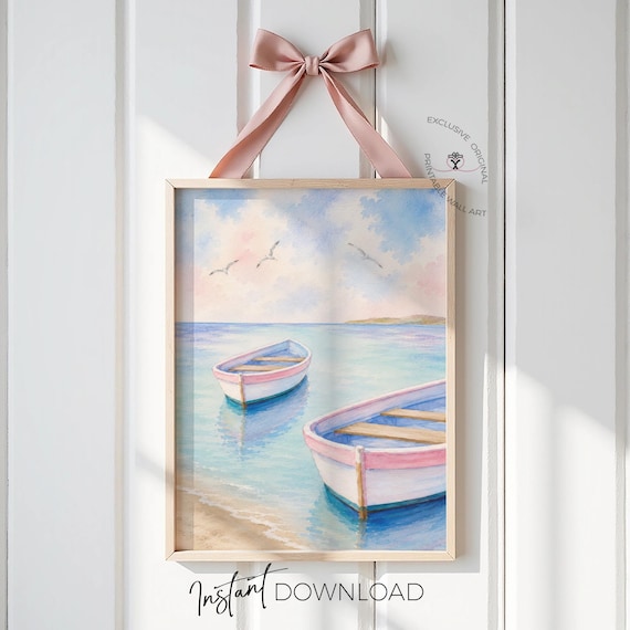 Coastal Boat Wall Art | Pastel Rowboat Print | Nautical Beach House Decor | Coastal Girl Bedroom Art | Pink Blue Seaside Printable