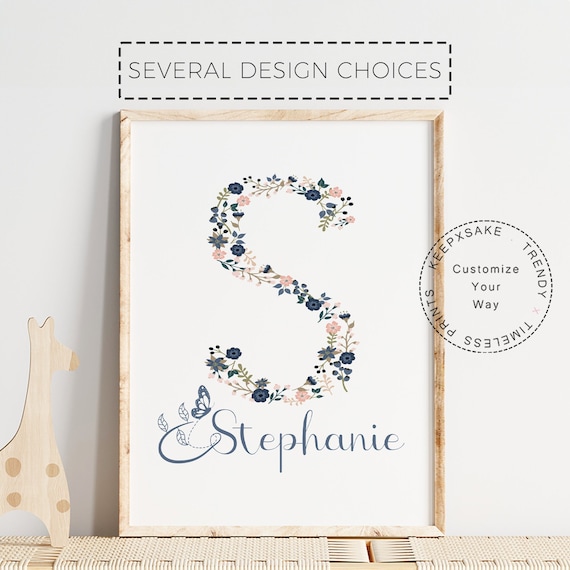 Floral Initial Name Print, Personalized | New Baby Girl Gift | Flower Girl Name Print | Blue Pink Nursery Decor | Pink Floral Nursery Print