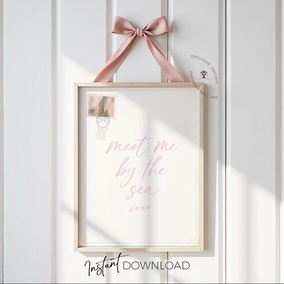 Coastal Girls Room Wall Art Printable, Meet Me by the Sea Print, Pastel Teen Bedroom Decor, Pink Beach Quote Art